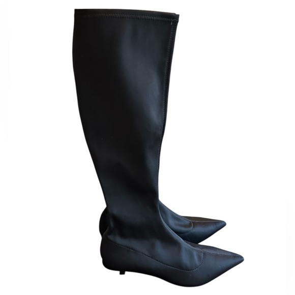Zara Trafaluc Black Stretch Kitten Heel Tall Boots Size 6.5 - Picture 1 of 6
